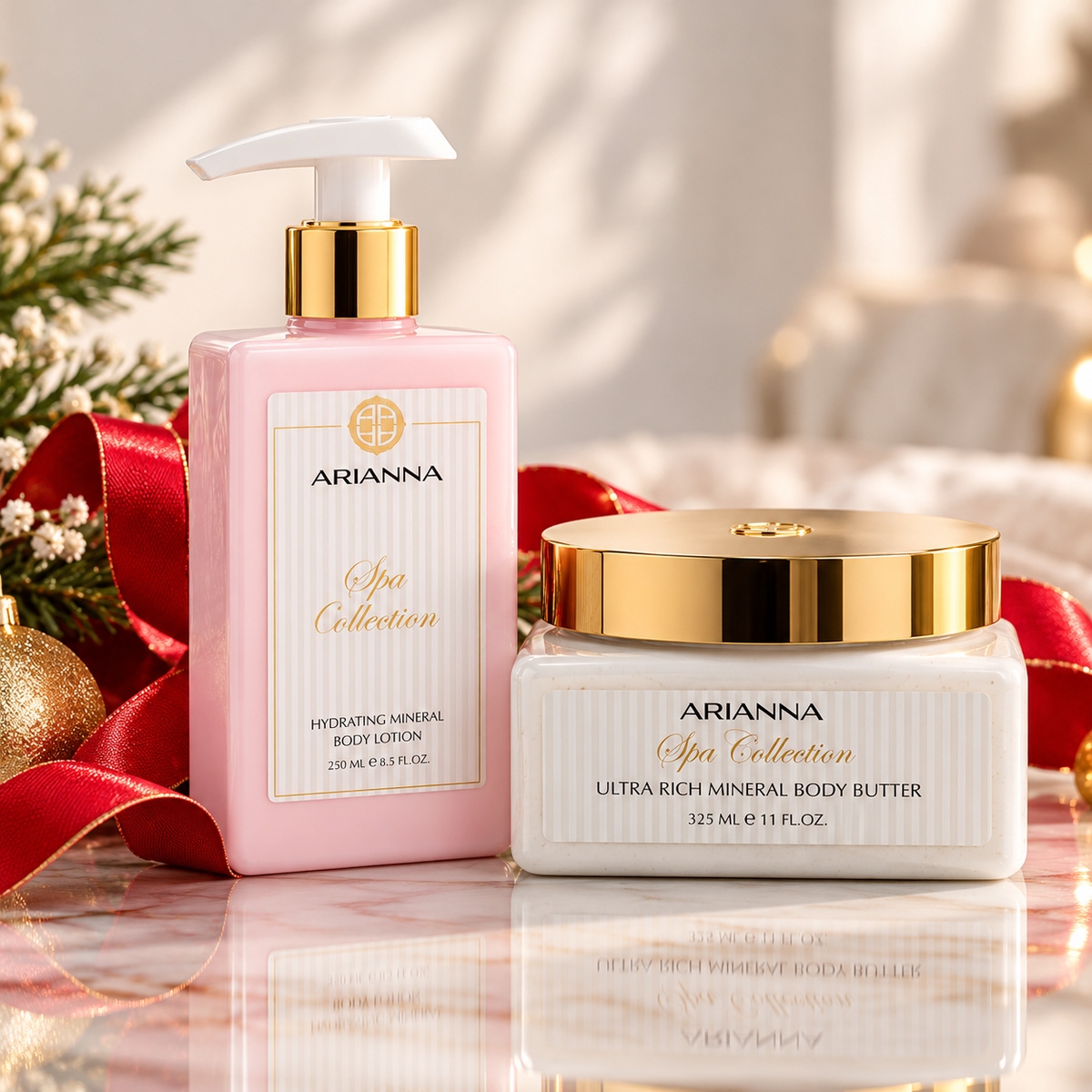 The Holiday Hydration Gift Set on a reflective surface with a red ribbon and holiday decor