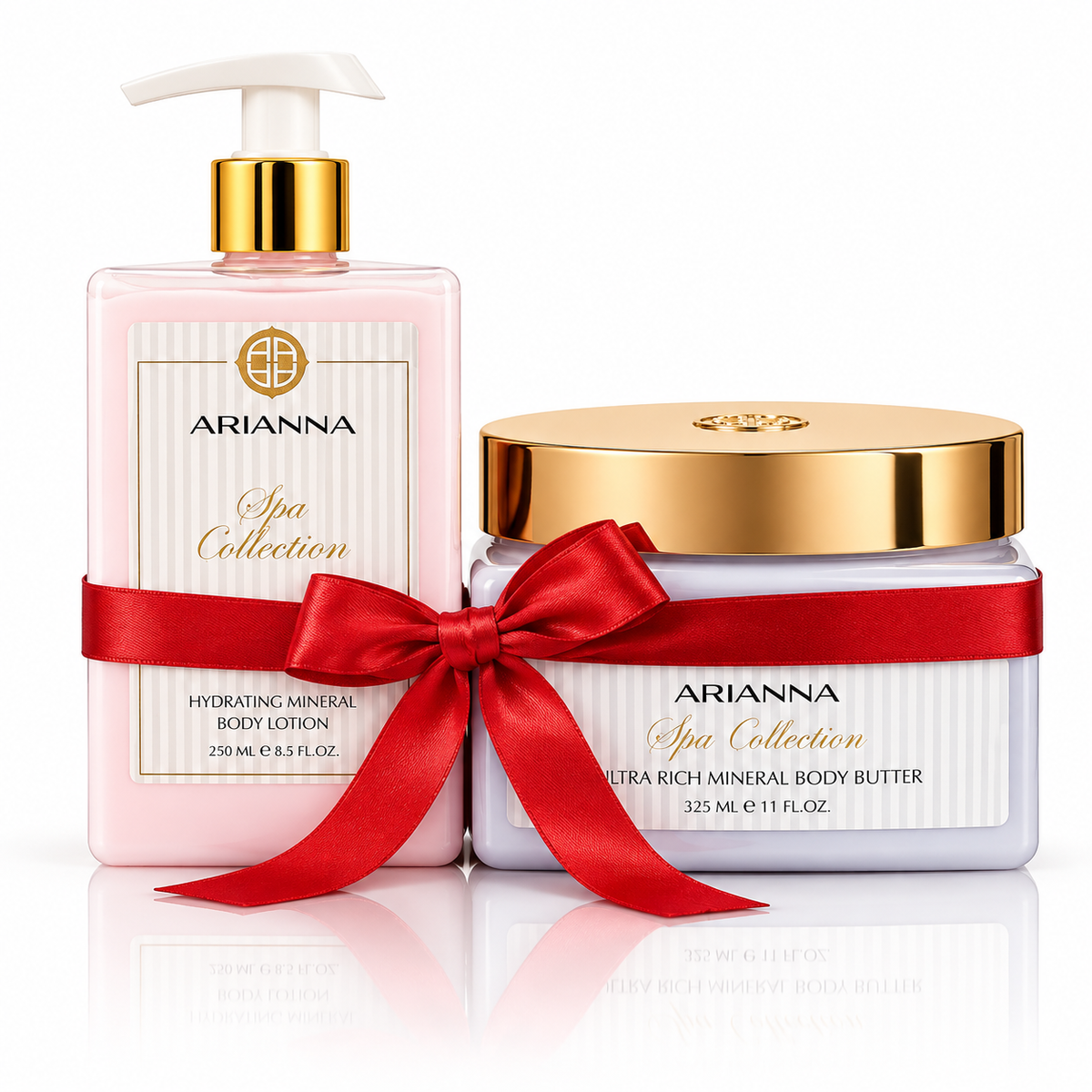 Arianna The Holiday Hydration Gift Set: Hydrating Mineral Body Lotion Exotic and Ultra Rich Mineral Body Butter tied with a red satin bow