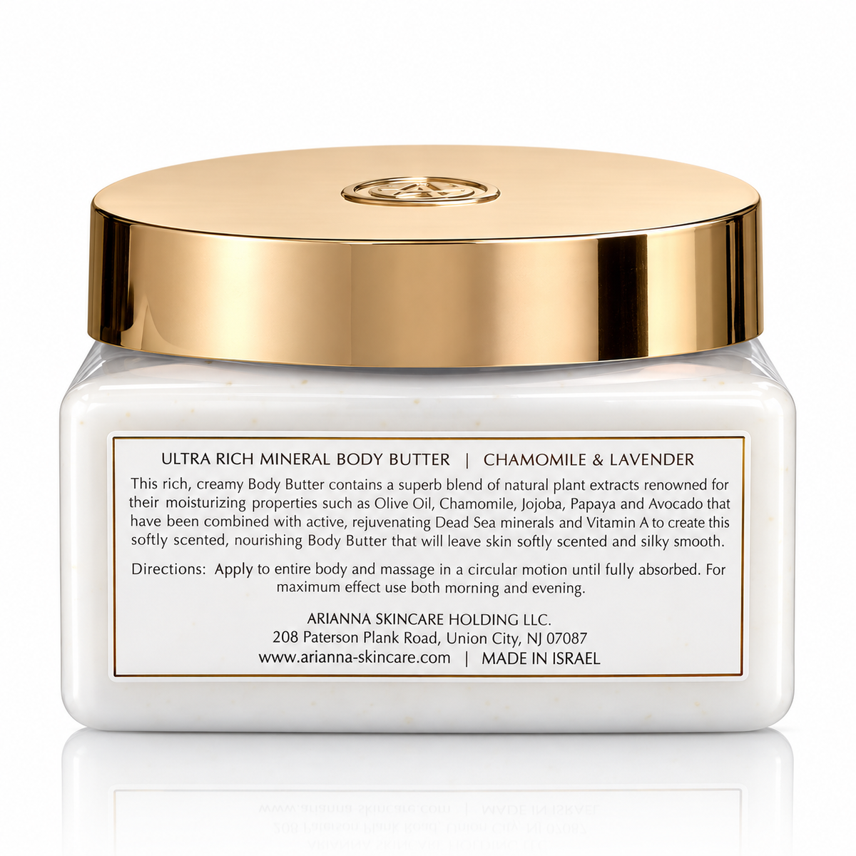Ultra Rich Mineral Body Butter Chamomile & Lavender, back label with ingredients