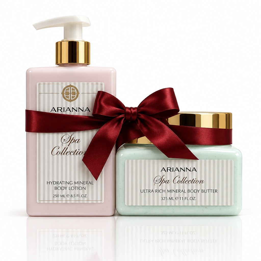 The Holiday Hydration Gift Set: Arianna Hydrating Mineral Body Lotion and Ultra Rich Mineral Body Butter tied with a red satin bow