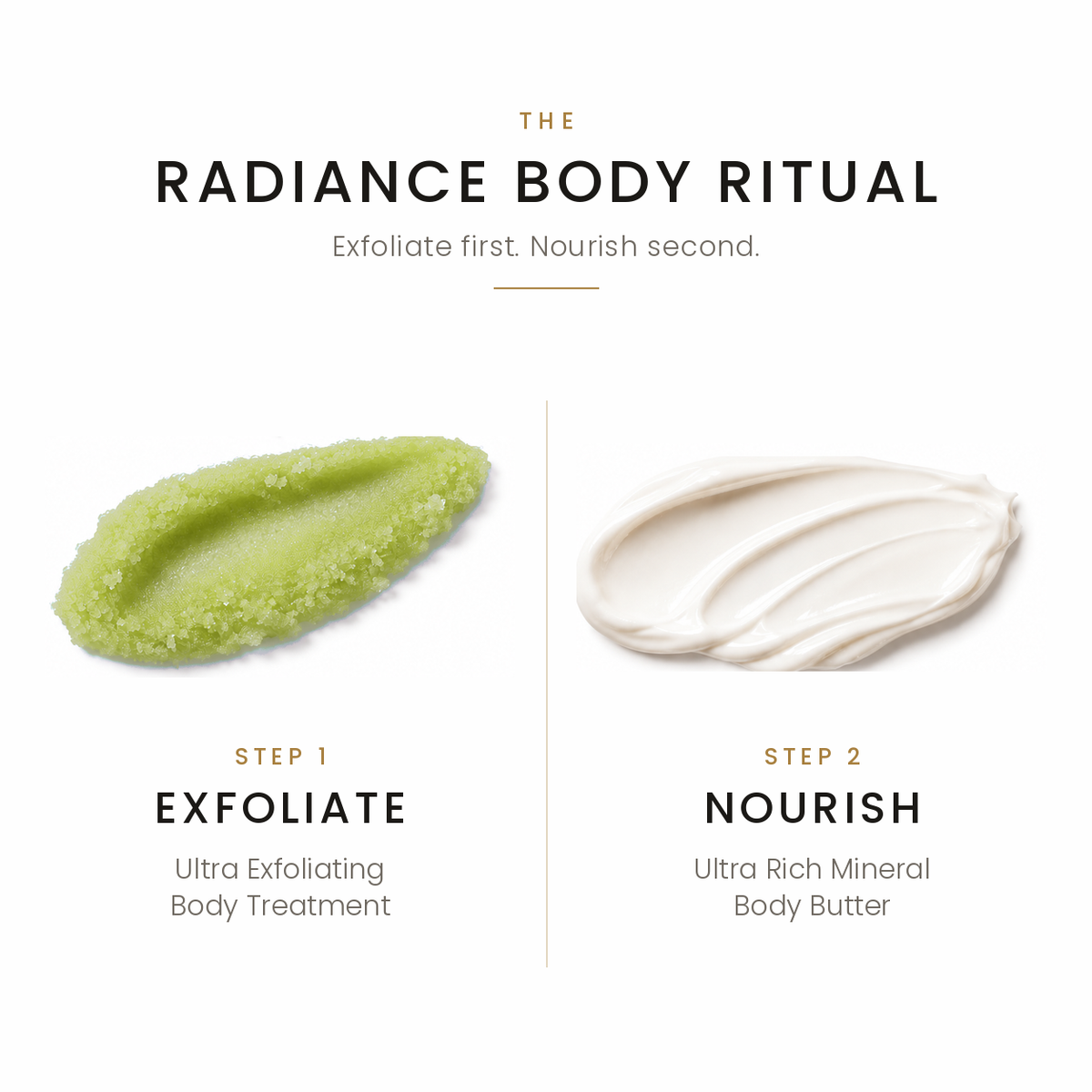 The Radiance Body Ritual in two steps: exfoliate with the Ultra Exfoliating Body Treatment, then nourish with the Ultra Rich Mineral Body Butter