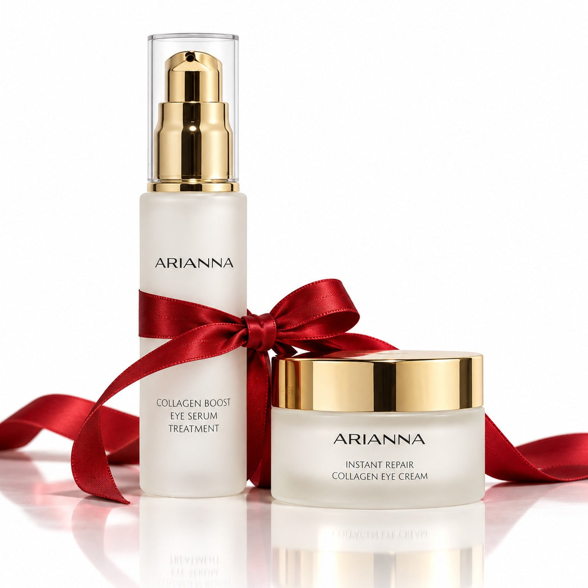 Born to Shine Eye Lift Duo: Collagen Boost Eye Serum Treatment and Instant Repair Collagen Eye Cream with a flowing red satin ribbon