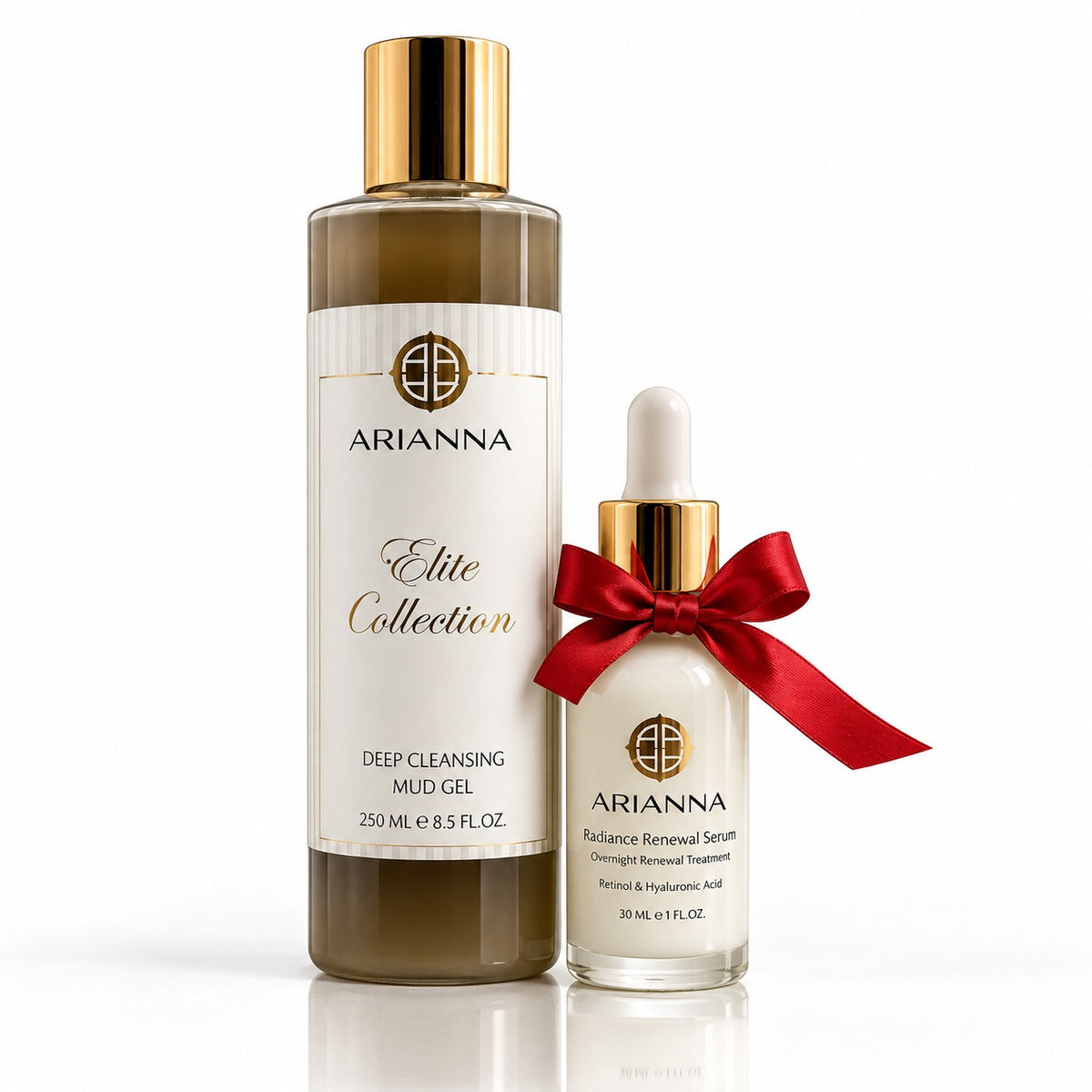 The Face Radiance Ritual: Deep Cleansing Mud Gel and Radiance Renewal Serum with a red satin bow