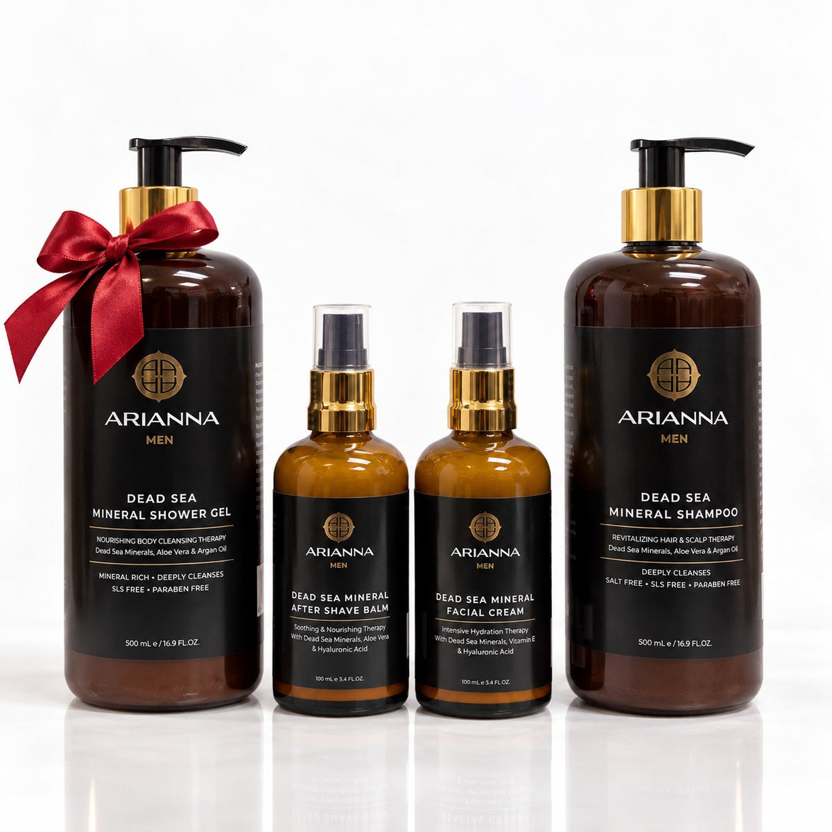 The Men's Grooming Ritual by Arianna Men: Shower Gel, After Shave Balm, Facial Cream and Shampoo with a red satin bow
