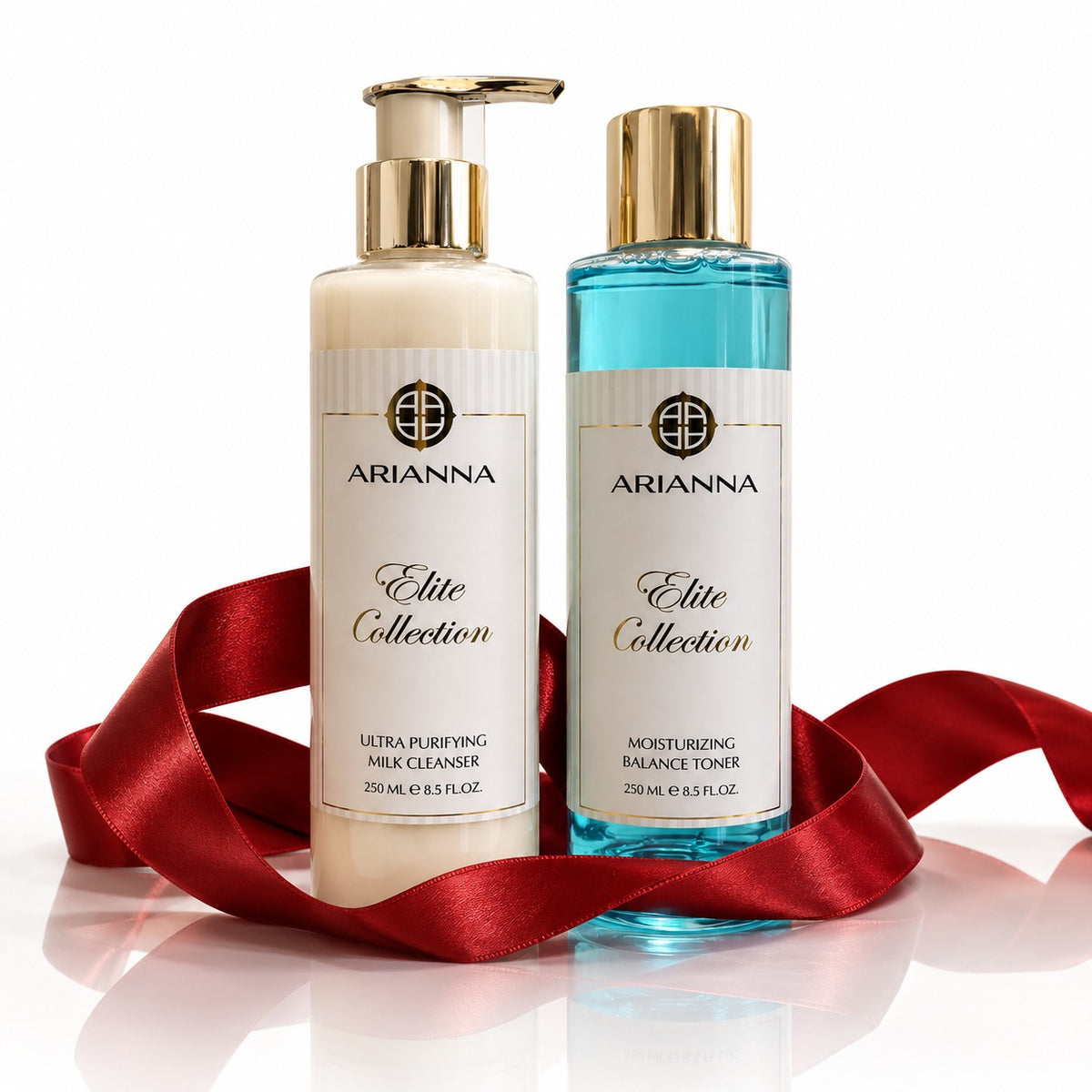 The Pure Balance Cleansing Ritual: Ultra Purifying Milk Cleanser and Moisturizing Balance Toner with a red satin ribbon