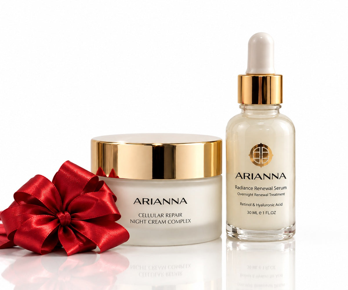 Renewal Nighttime Duo: Cellular Repair Night Cream Complex and Radiance Renewal Serum with a red satin bow