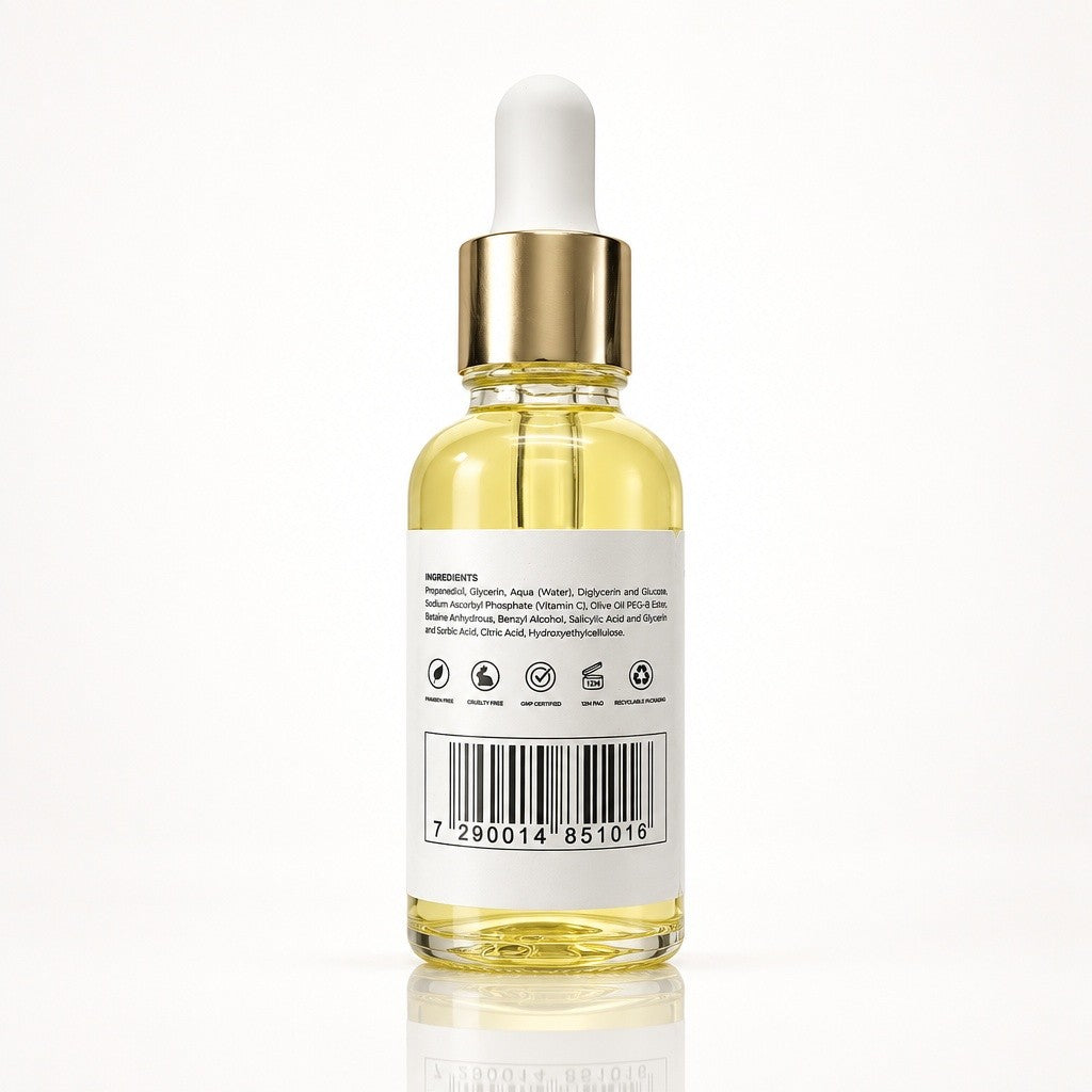 Vitamin C Radiance Serum back label with ingredients, paraben-free, cruelty-free, GMP certified