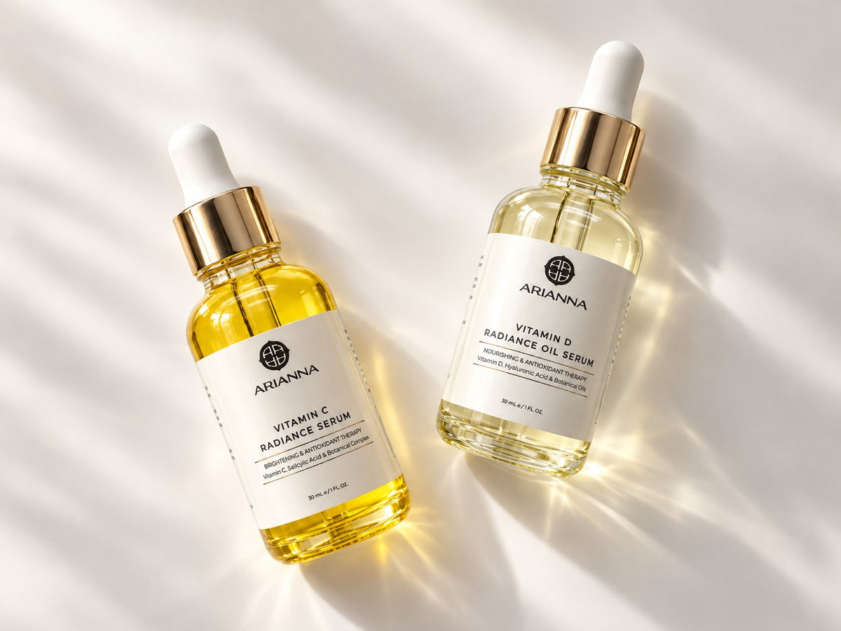The Vitamin Glow Ritual: Vitamin C Radiance Serum and Vitamin D Radiance Oil Serum in warm light