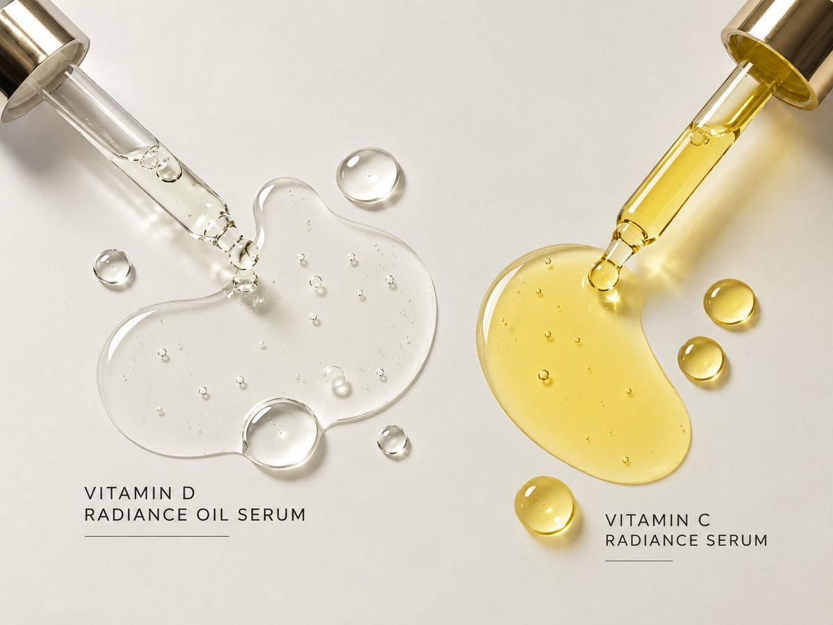 Vitamin D oil serum and Vitamin C serum textures side by side