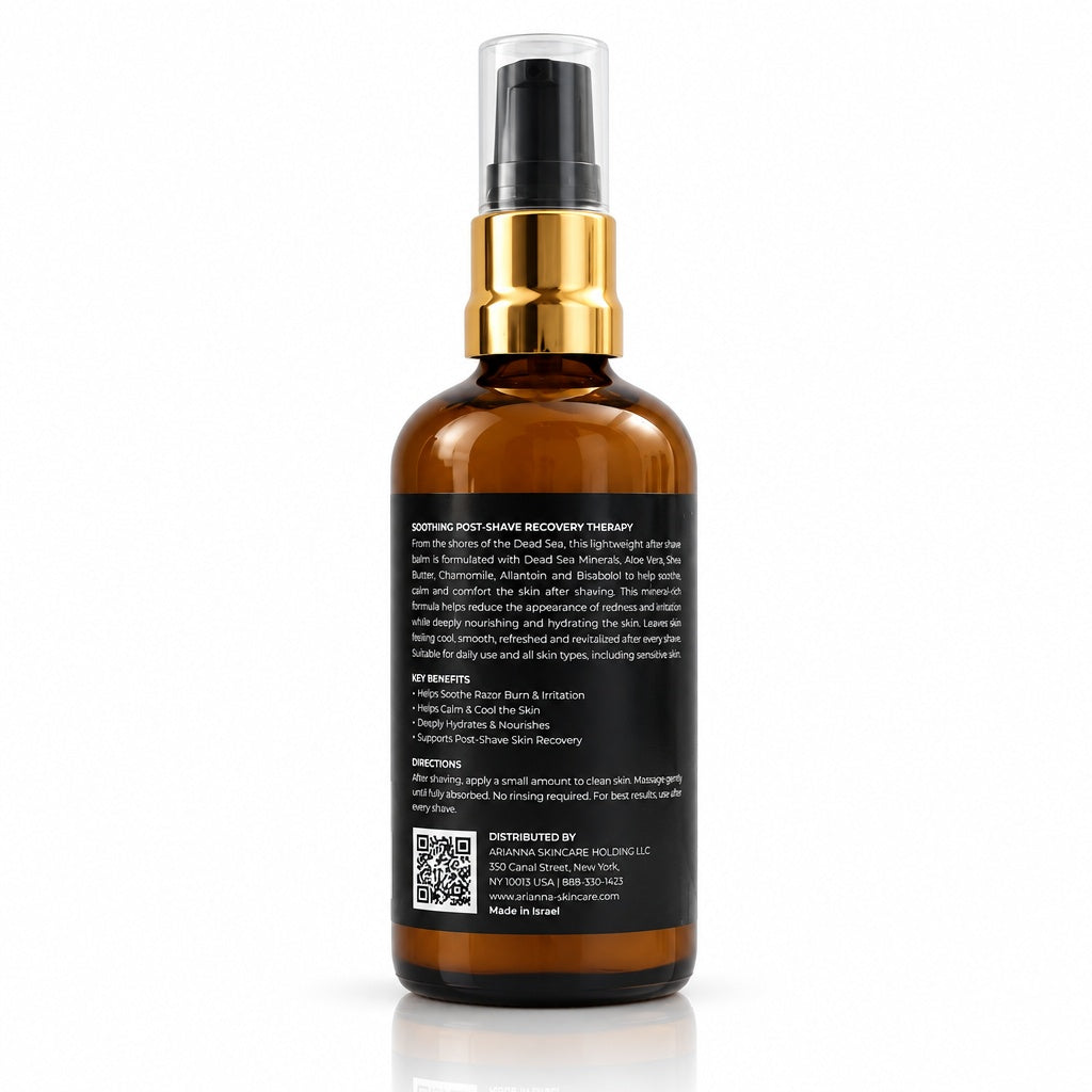 Back of Arianna Men Dead Sea Mineral After Shave Balm bottle with product description, key benefits and directions