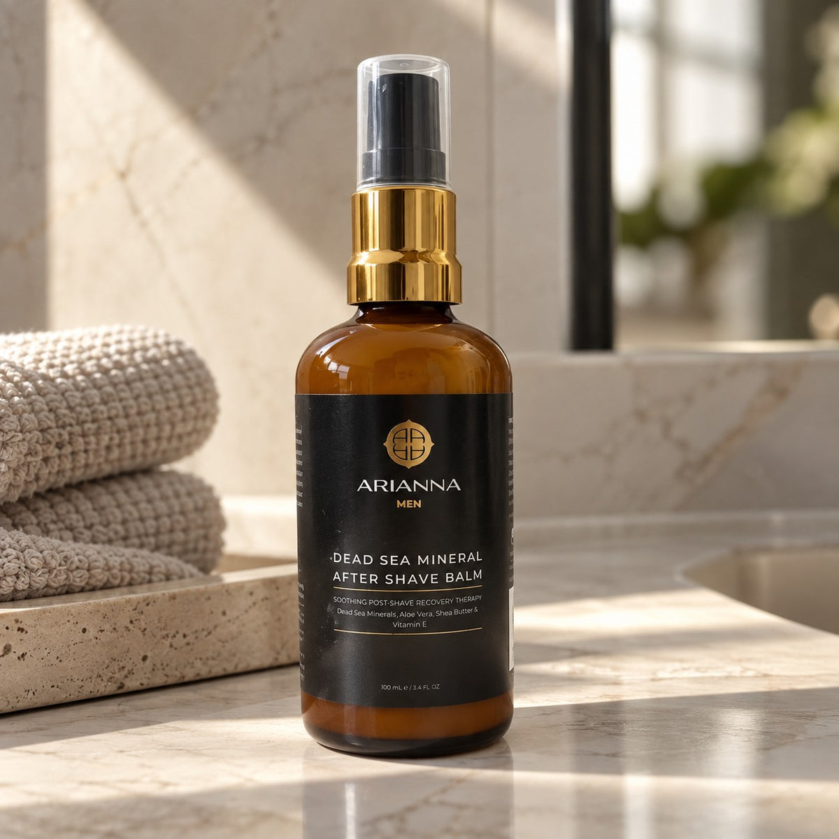 Arianna Men Dead Sea Mineral After Shave Balm on a marble bathroom counter next to folded towels