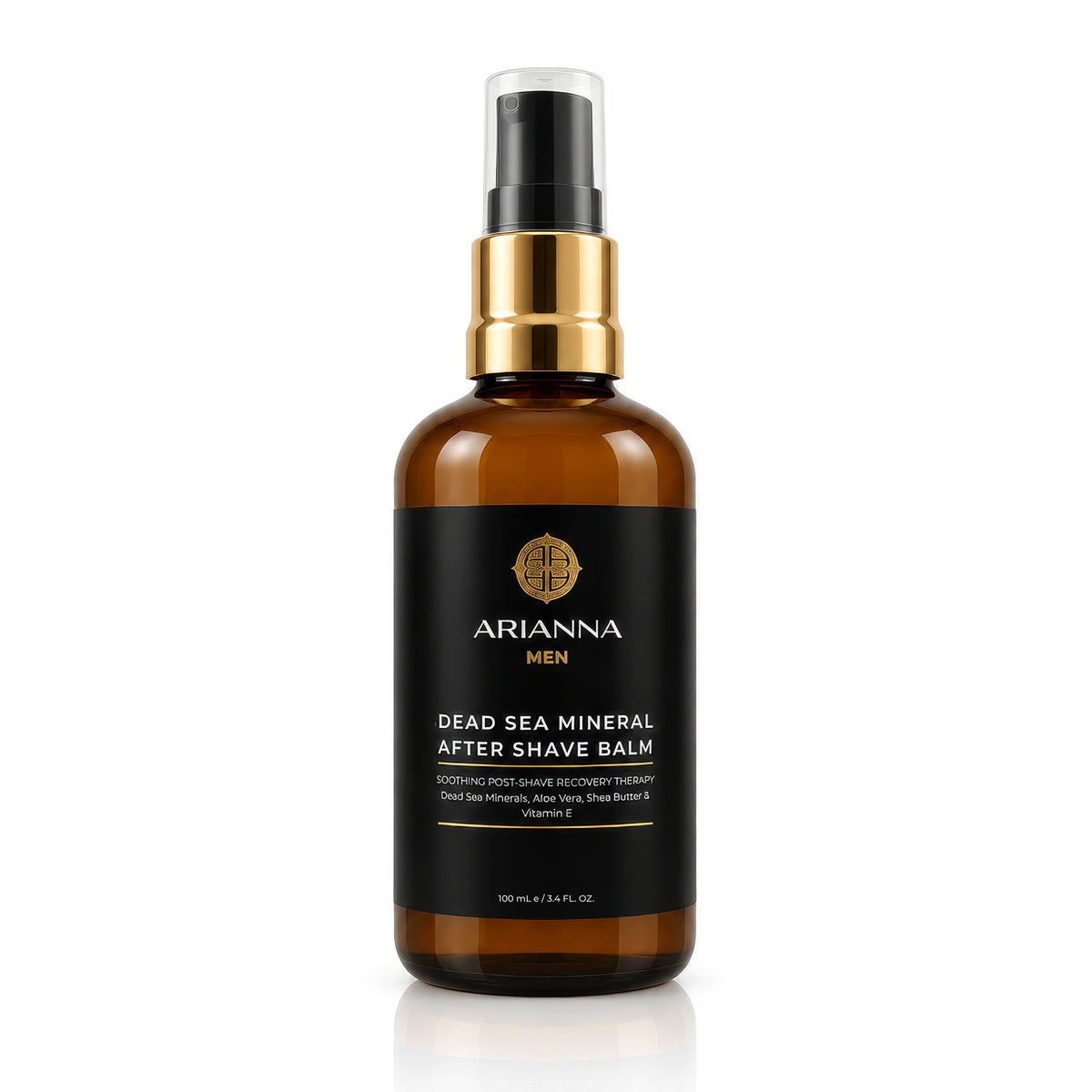 Arianna Men Dead Sea Mineral After Shave Balm 100 ml, front of amber pump bottle with black label
