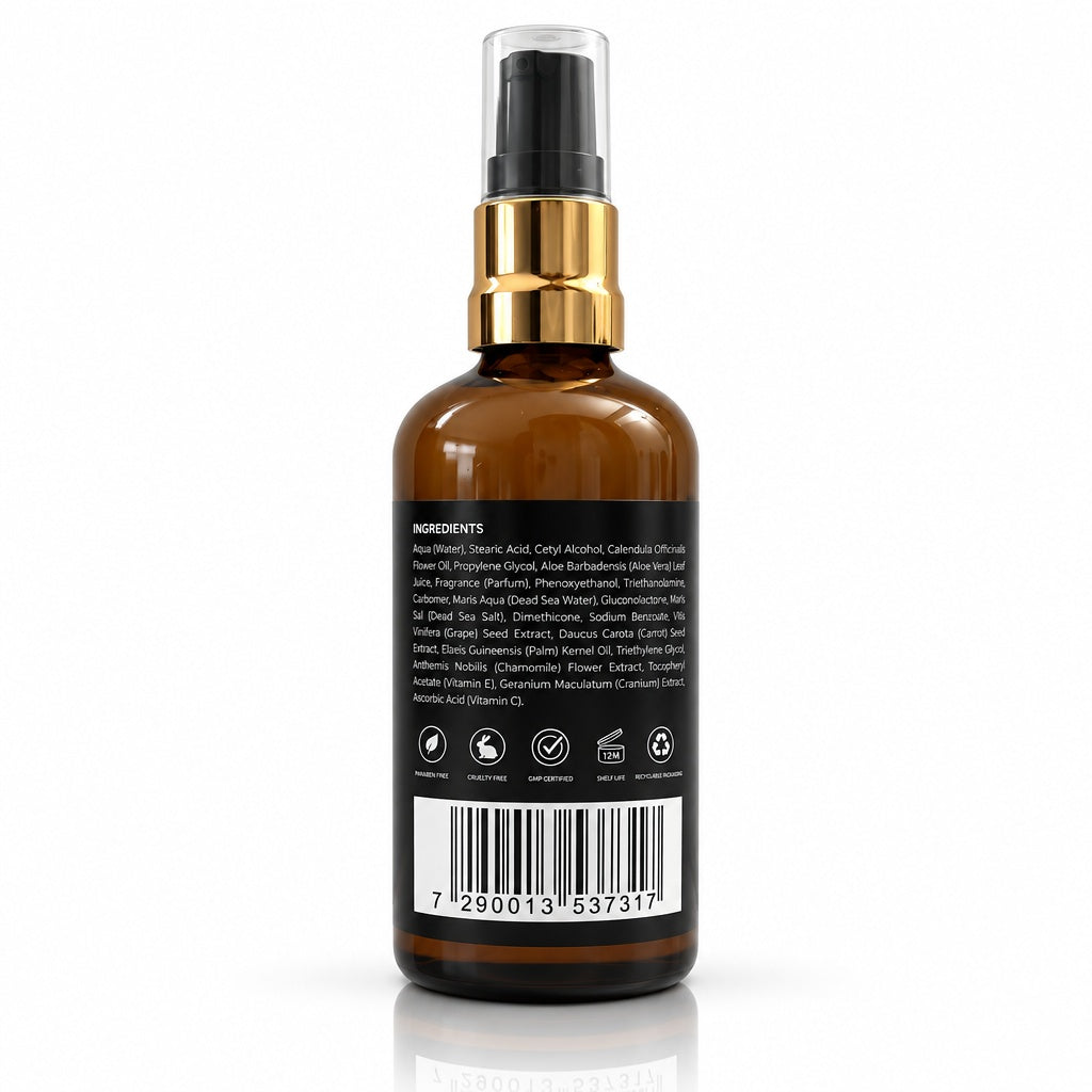 Back of Arianna Men Dead Sea Mineral Facial Cream bottle showing the full ingredient list