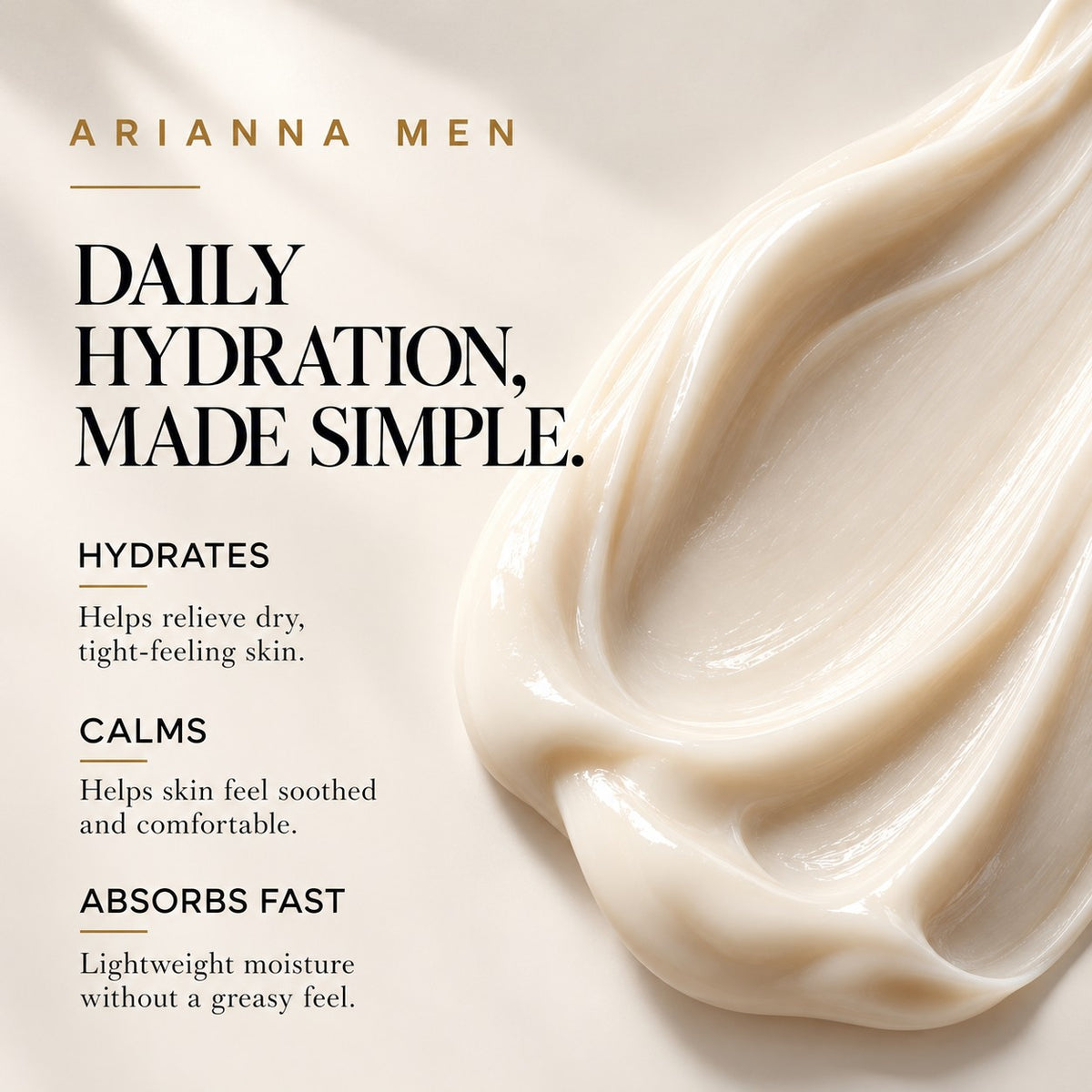 Arianna Men Facial Cream benefits: hydrates dry skin, calms, absorbs fast without a greasy feel