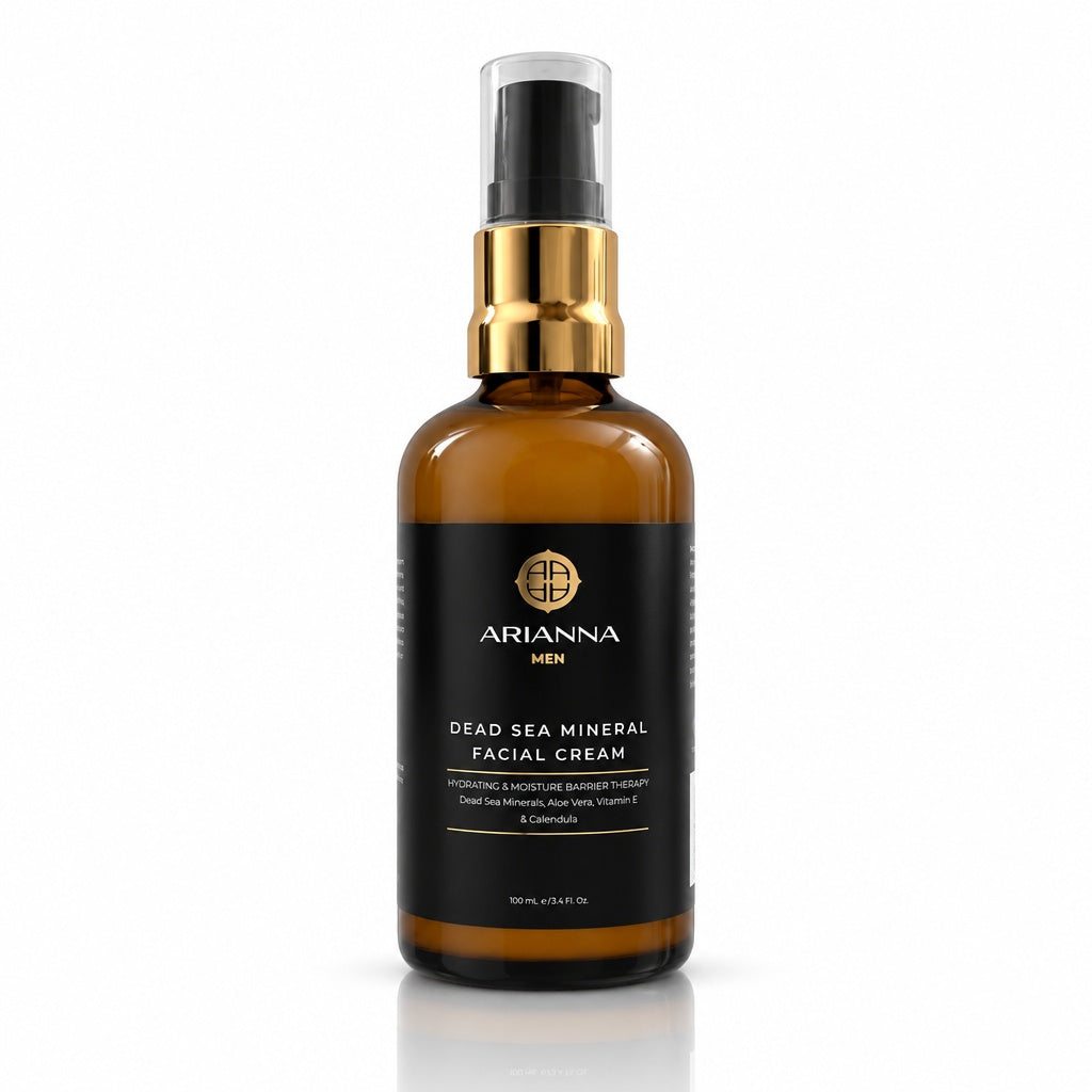 Arianna Men Dead Sea Mineral Facial Cream 100 ml, front of amber pump bottle with black label