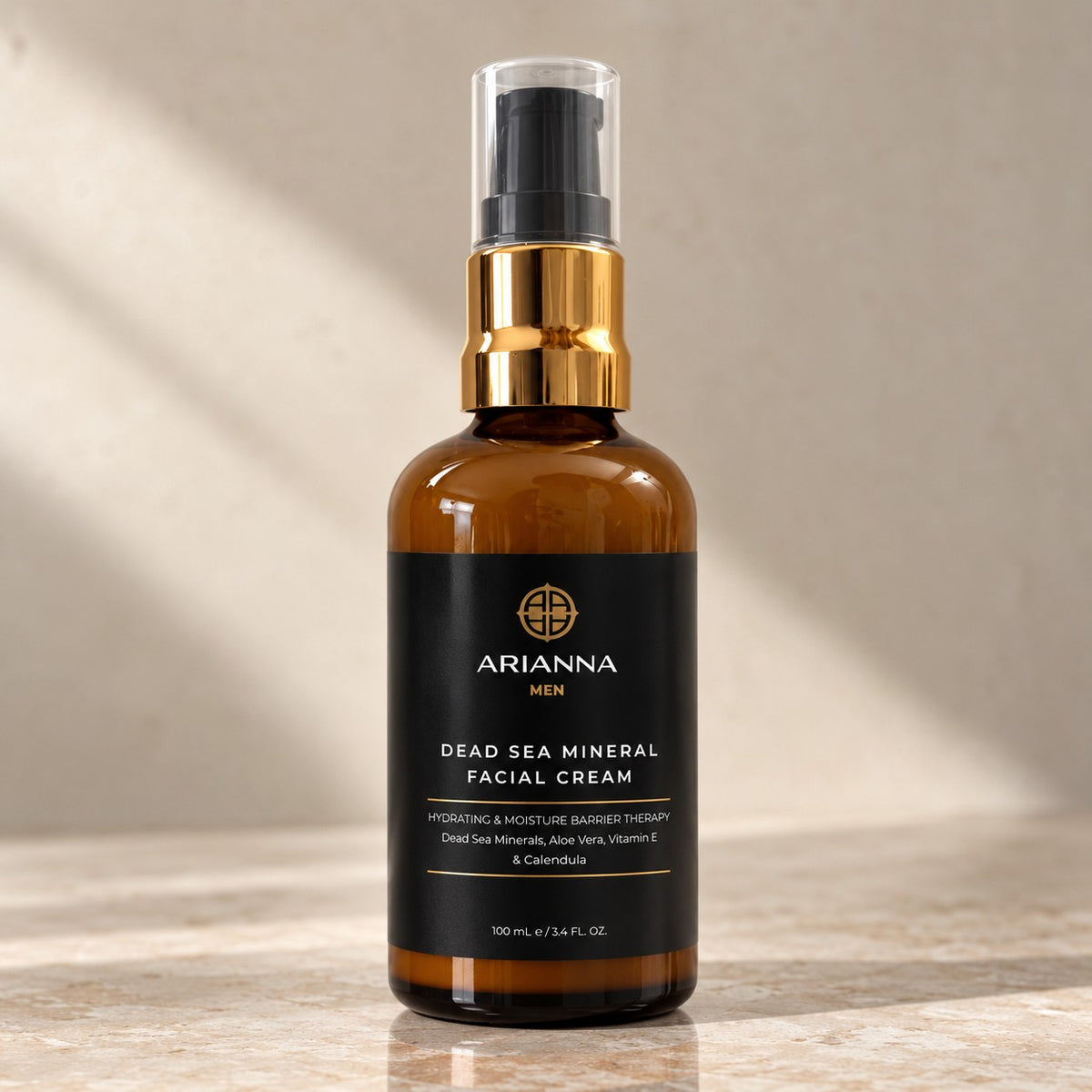 Arianna Men Dead Sea Mineral Facial Cream on a stone surface in warm sunlight