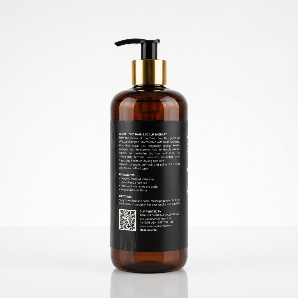 Back of Arianna Men Dead Sea Mineral Shampoo bottle with product description, key benefits and directions