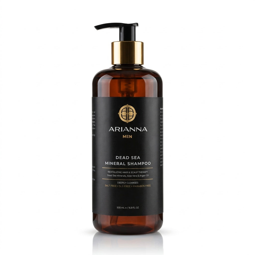 Arianna Men Dead Sea Mineral Shampoo 500 ml, front of amber pump bottle with black label