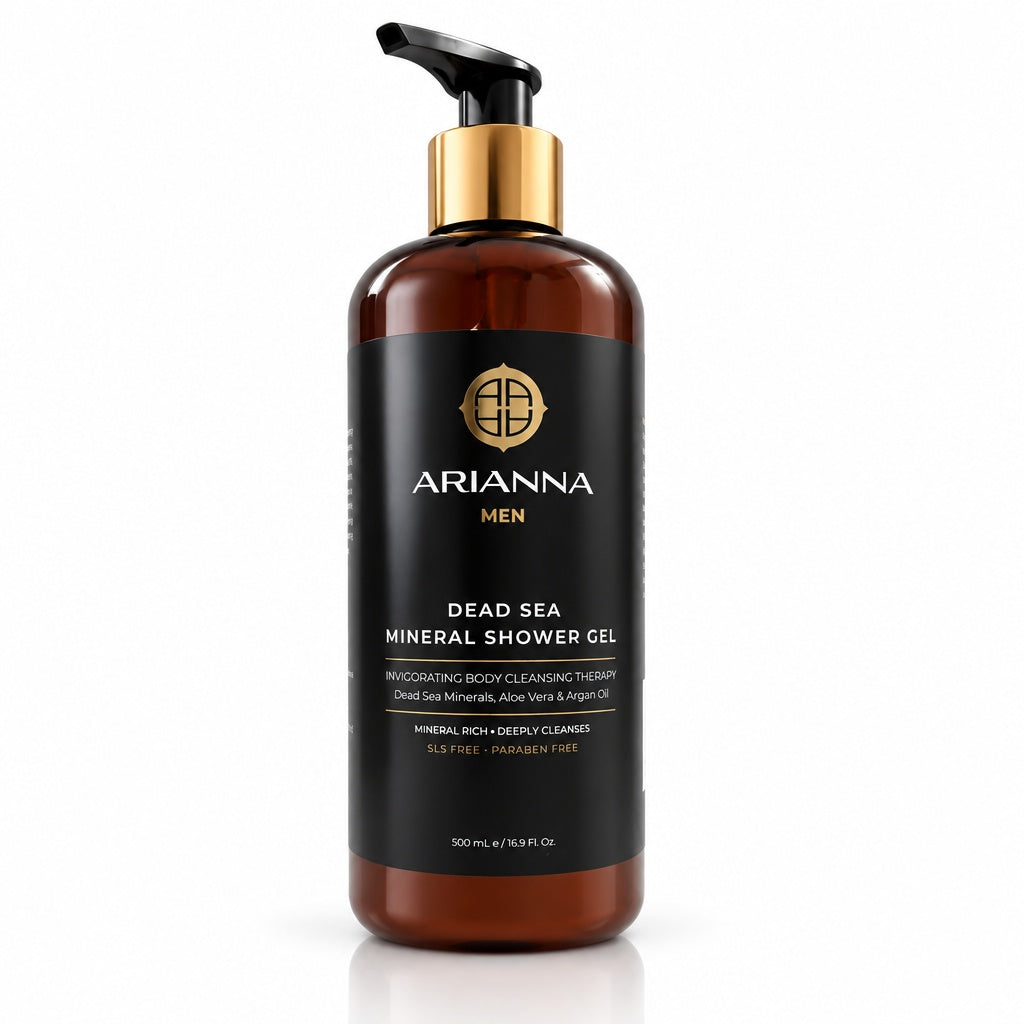 Arianna Men Dead Sea Mineral Shower Gel with Dead Sea minerals, aloe vera and argan oil, angled view