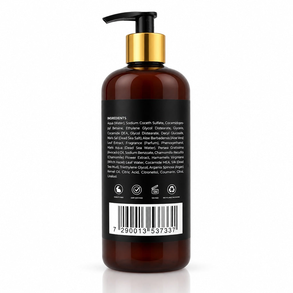 Back of Arianna Men Dead Sea Mineral Shower Gel bottle showing the full ingredient list