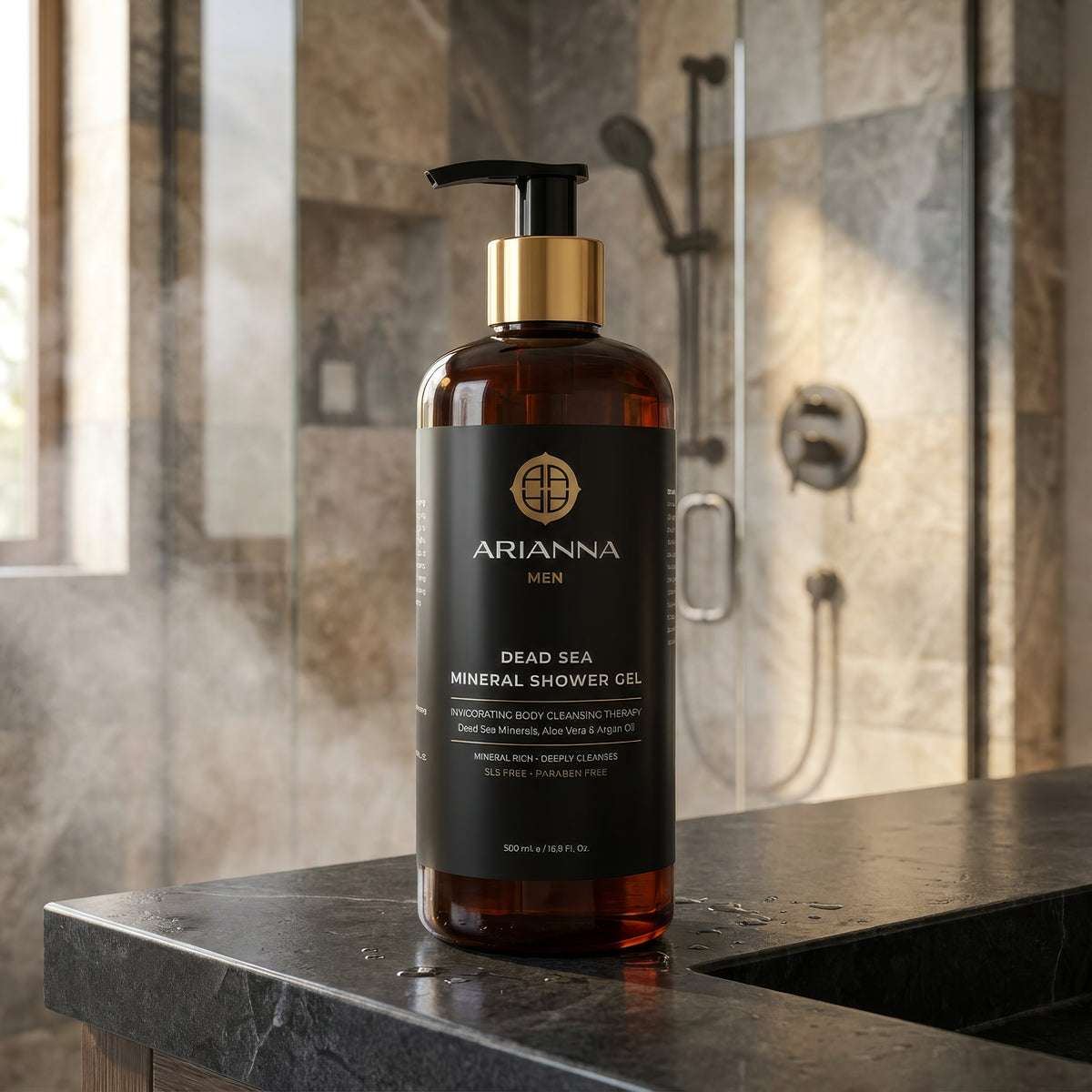 Arianna Men Dead Sea Mineral Shower Gel on a stone counter in a modern shower